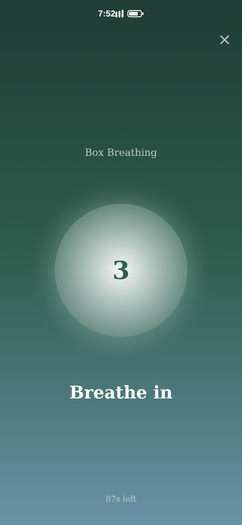 Breathing session with the growing circle, the label “Inhale” and the seconds left