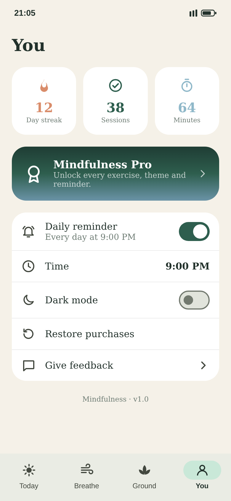 Your screen with day streak, sessions, minutes, the daily reminder and dark mode