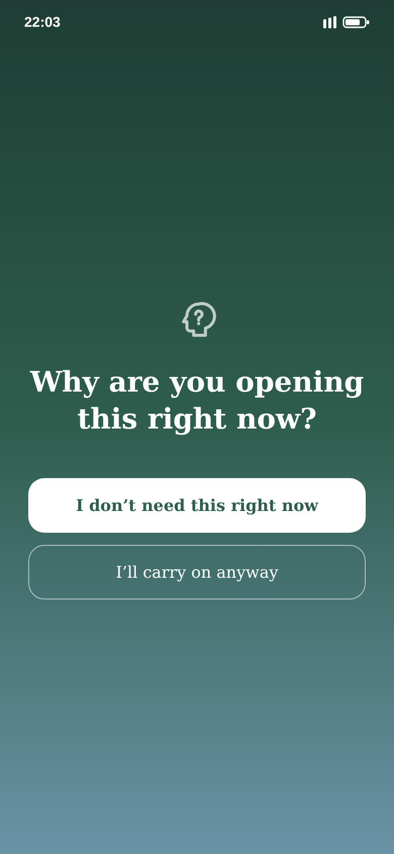Mindful Pause asking “Why are you opening this right now?” with two answers to choose from